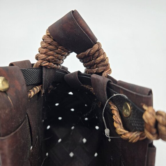 Dark Brown Wood Basket Weave Handbag Womens Medium Handles Coastal Cottagecore - Picture 14 of 14